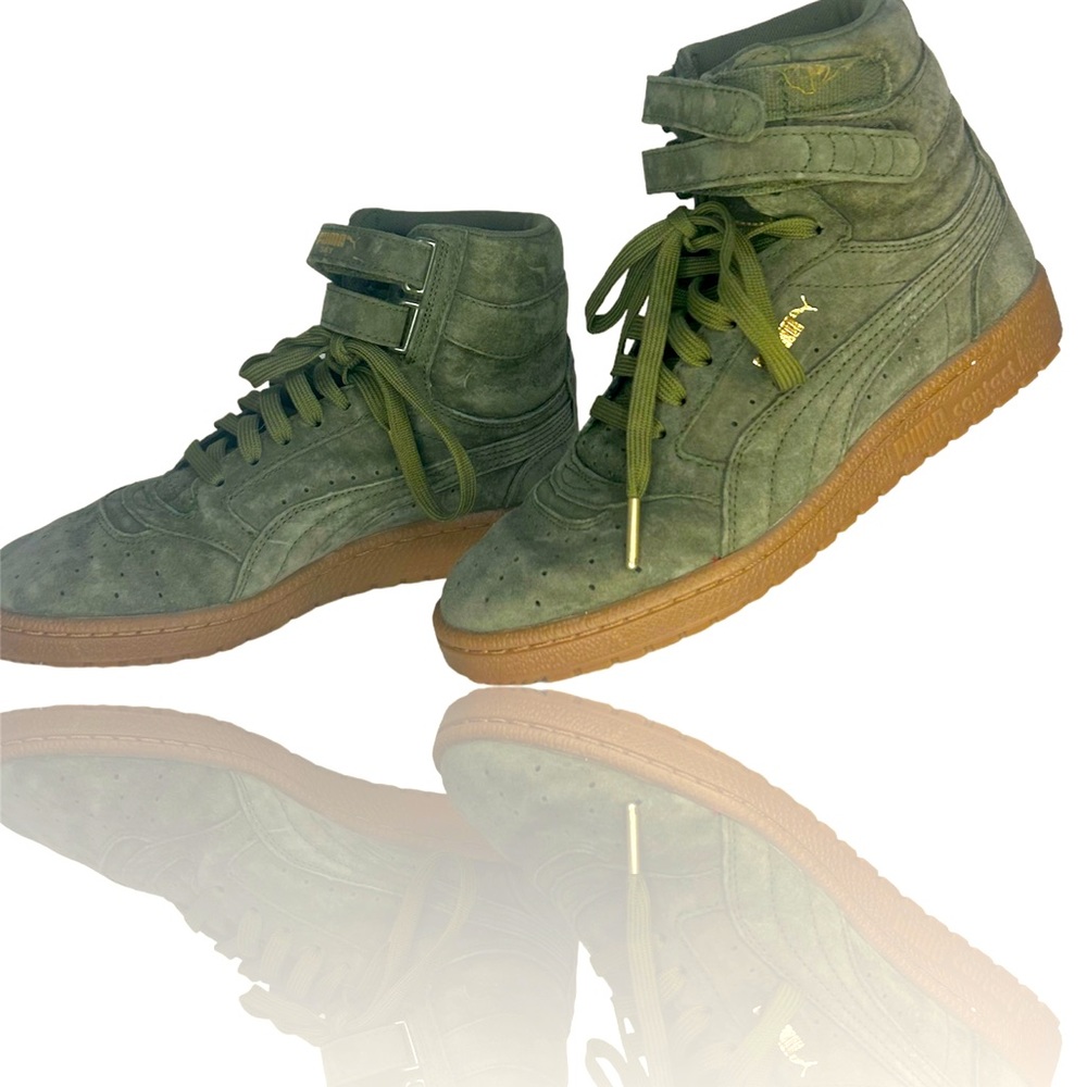 Puma Womens Sky High Top Sneakers Shoes Green Top Leather Lace Up Straps Size 8